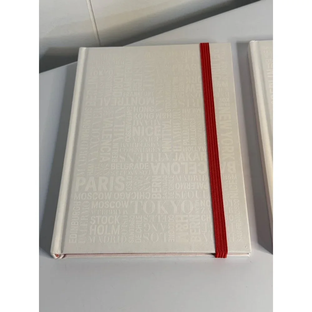 Set of 2 White Travel‎ Daily  Journals Embossed City Word Notebooks Red Band 9